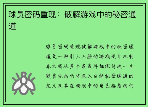 球员密码重现：破解游戏中的秘密通道